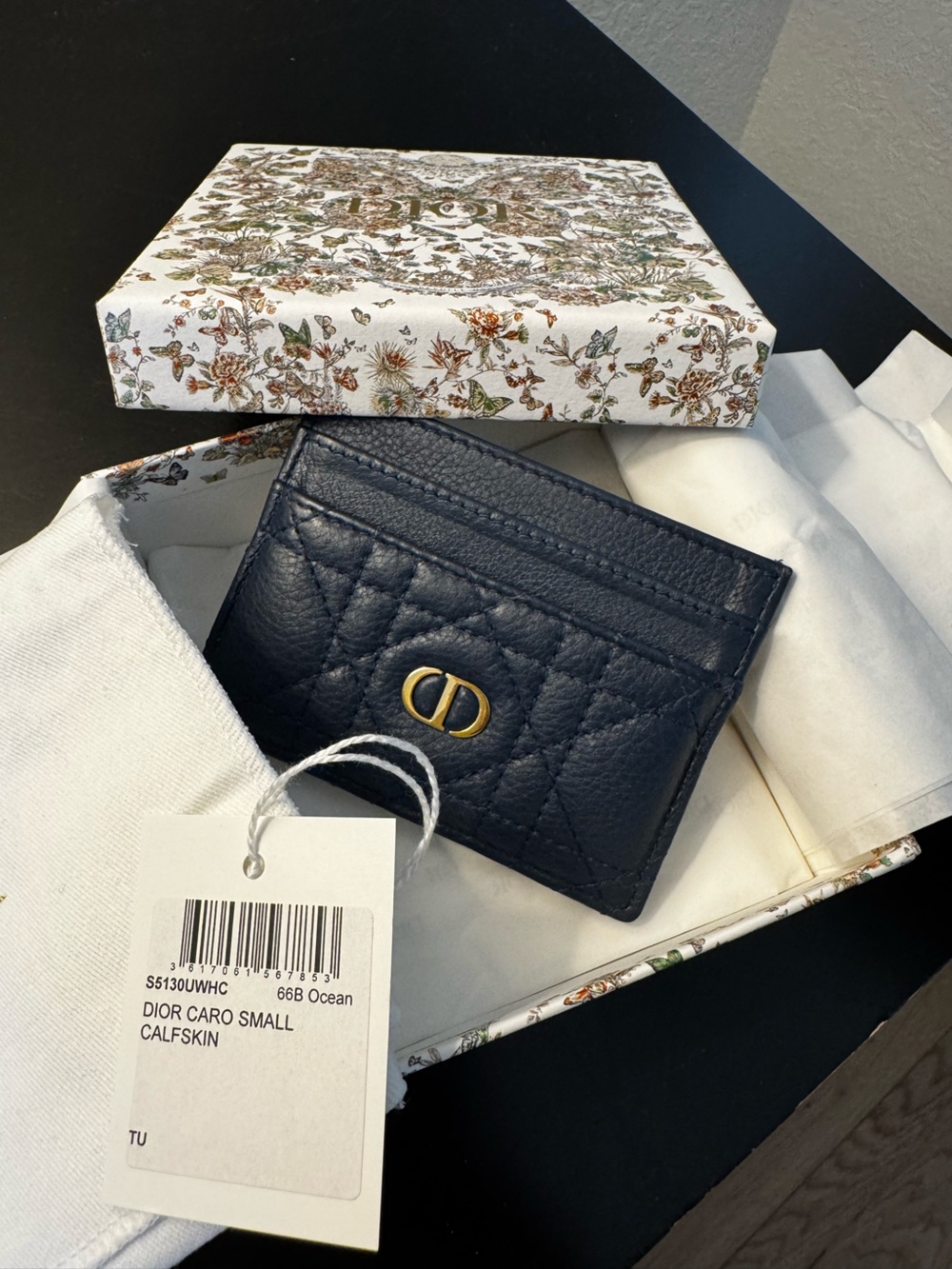 Dior Caro Small Cardholder in Navy Blue with Gold CD